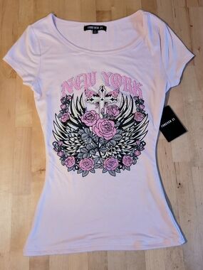 Forever 21 Women's Pink Graphic Tee - New York Rose Cross